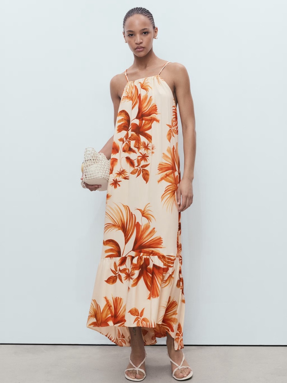 Mango Brown palm tree print halter dress NWT